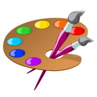 Vector color illustration of paintbrushes and a palette with basic colors.